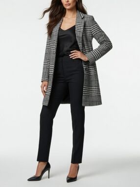 Sebby Collection Black /White Plaid Long Coat (Size:Small)